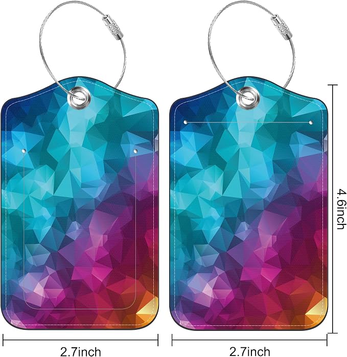 2 Pack Luggage Tag for Suitcase Polygonal and Rainbow Color Rhombus Leather - Image 2