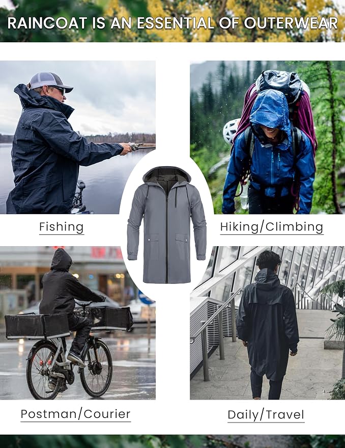 COOFANDY Men's Long Raincoat Ligtweight Rain Jacket Waterproof Outdoor Jackets - Image 4