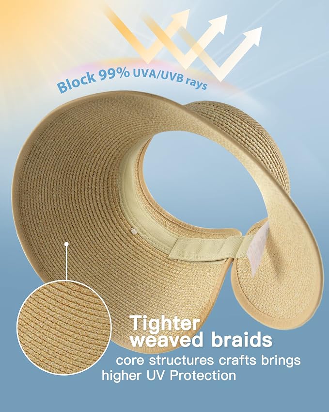 FURTALK Sun Hats for Women Wide Brim Beach Hat Straw Visor Ponytail Summer UV - Image 2