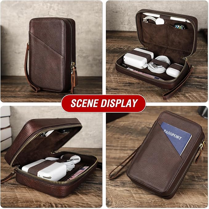 Top Grain Leather Text Custom Electronic Organizer Zipper Bag Tech Pouch - Image 3