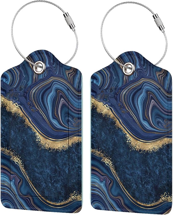 2PC Dark Blue Marble Luggage Tags Leather Suitcase Tag Privacy Name ID Card by OUZPGAQ