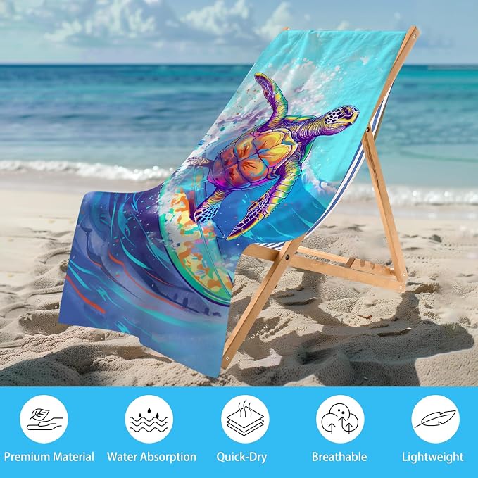 WZOMT Microfiber Turtle Beach Towel Oversized, Funny Sea Turtle Surfing Blue - Image 2
