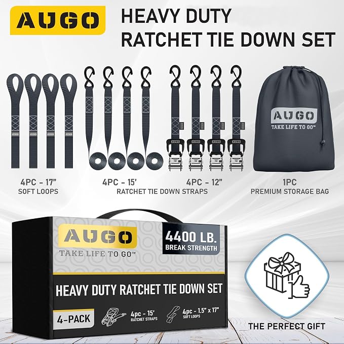 AUGO Heavy Duty Ratchet Straps & Soft Loops – Pack of 4 Extra Strong 1.5” by - Image 4