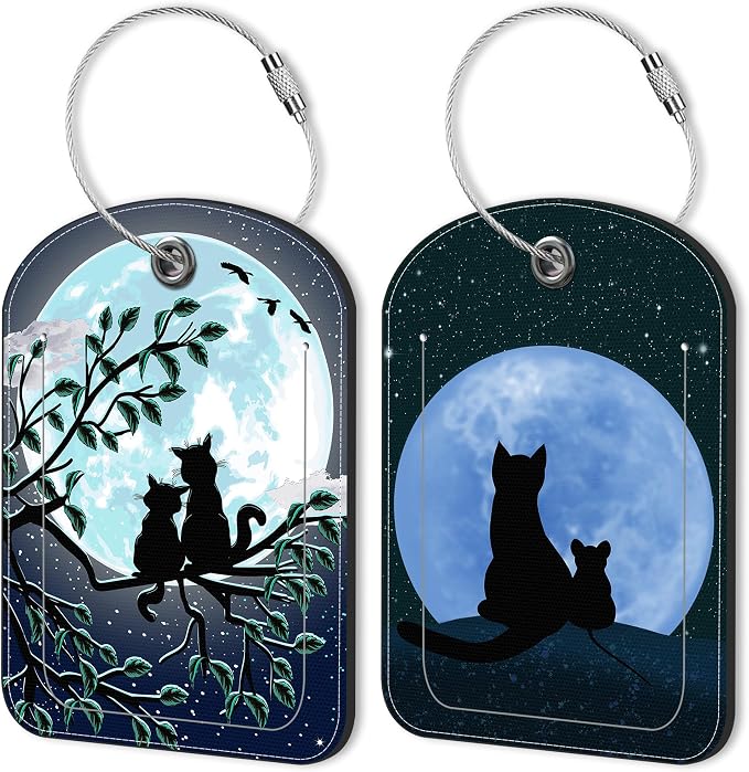 2 Pack Luggage Tag for Suitcase Cat Under The Moon Leather Suitcase Tags by Unknown