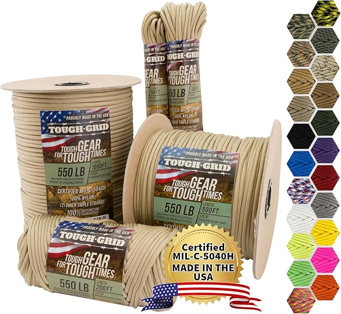 TOUGH-GRID 550 Paracord Rope Nylon Parachute Cord, Made in USA Survival Kit by TOUGH-GRID
