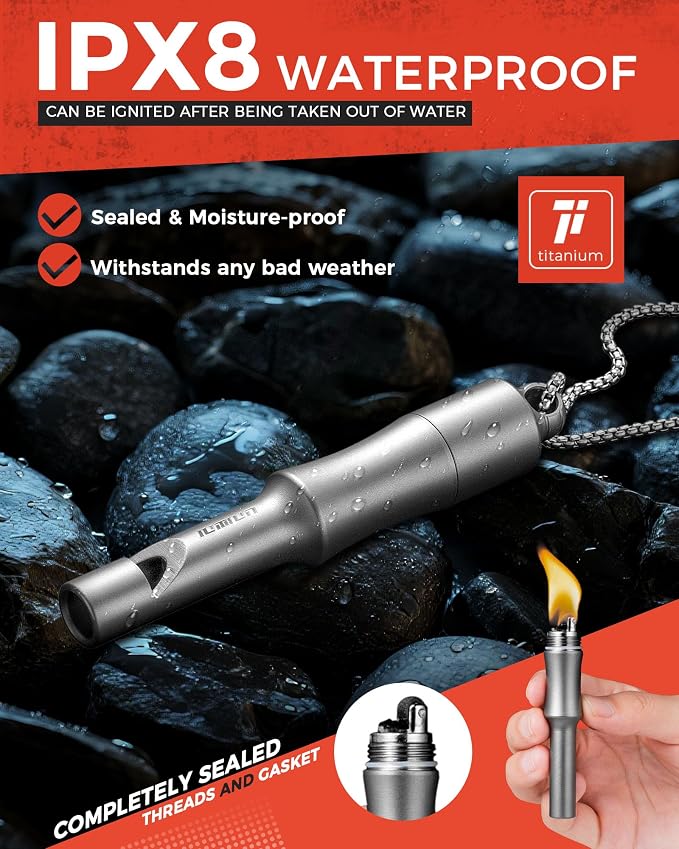 3-in-1 Fire Starter Survival Tool -Titanium Emergency Whistle, Kerosene Lighter - Image 4