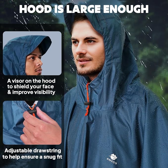 ANYOO Hooded Rain Poncho for Adults Waterproof Lightweight Rain Coat for Men - Image 4