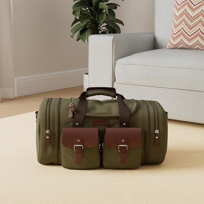 Wildroad 50L Travel Duffel Bag, Expandable Canvas Genuine Leather Duffle Bag - Image 2