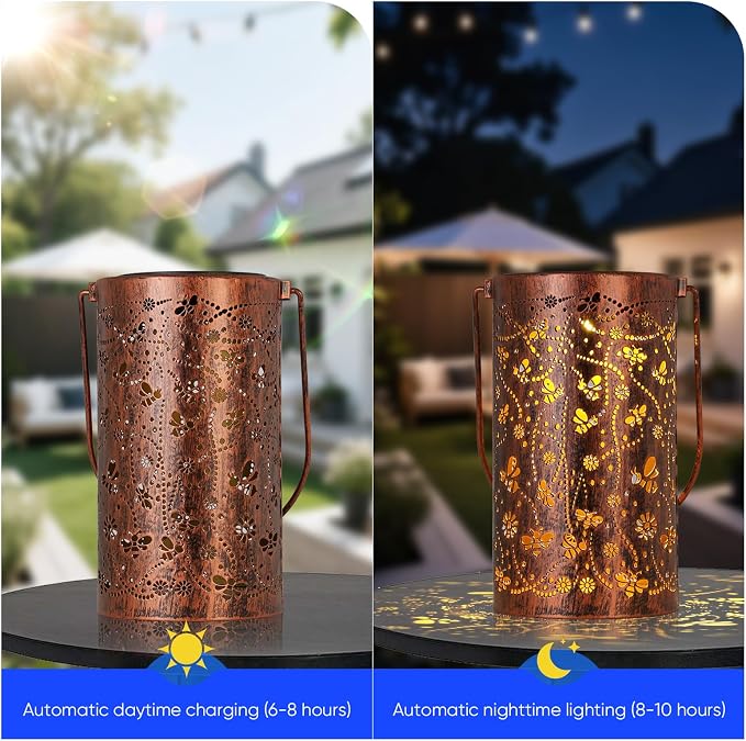 Homemory Bee Solar Lanterns Lights Outdoor Waterproof, Hollowed-Out Metal Decor - Image 6
