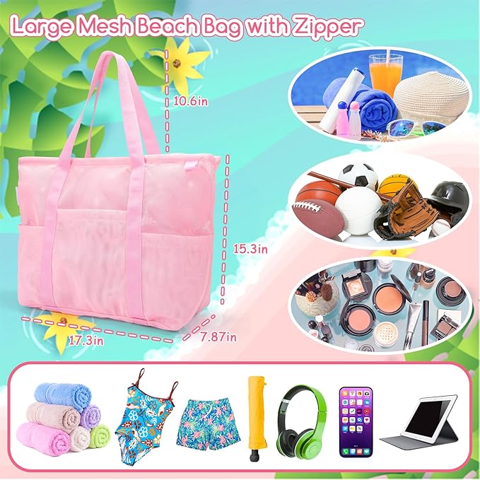 Tagitary Mesh Beach Bag with Zipper Large Beach Tote Waterproof Sandproof with - Image 2