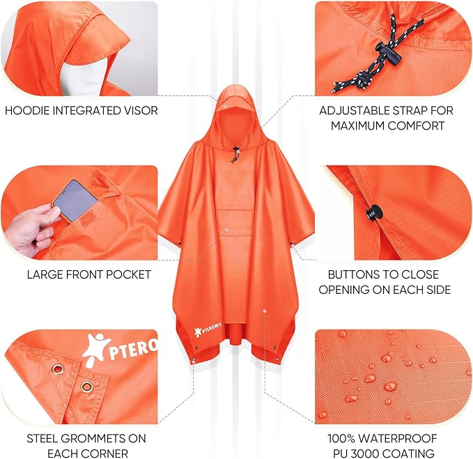 PTEROMY Hooded Rain Poncho for Adult - Image 6