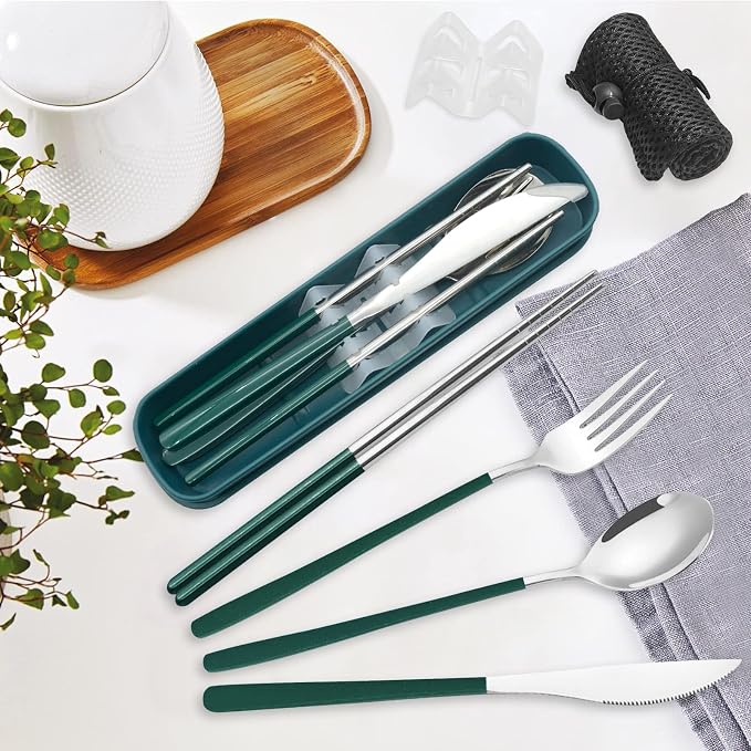 Portable Travel Camping Cutlery Set, TWUTGAYW Silver Green Reusable Flatware - Image 5