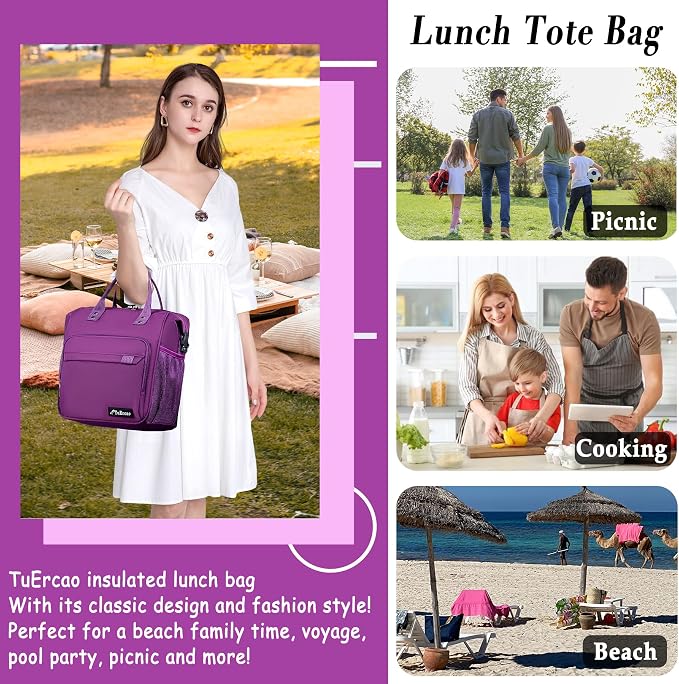 Purple Lunch Box for Women Insulated Lunch Bag Fits Bento Boxes, Snack and Foods - Image 9