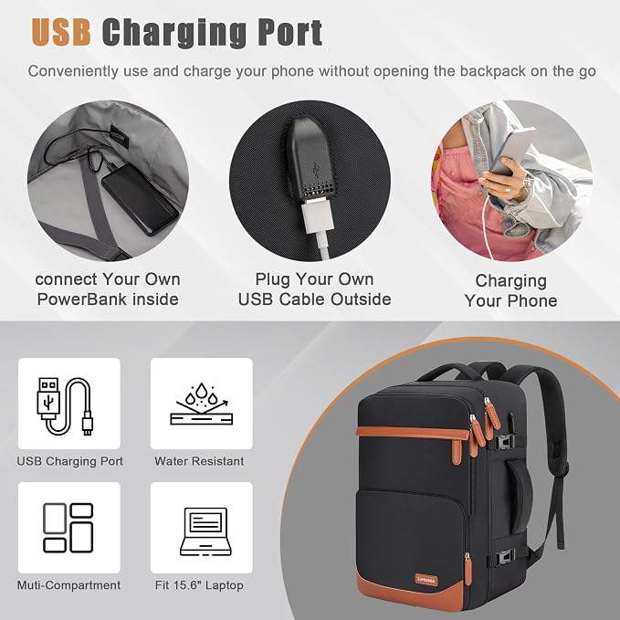 40L Travel Backpack with USB Charging Port, Water-Resistant Carry On Backpack - Image 2