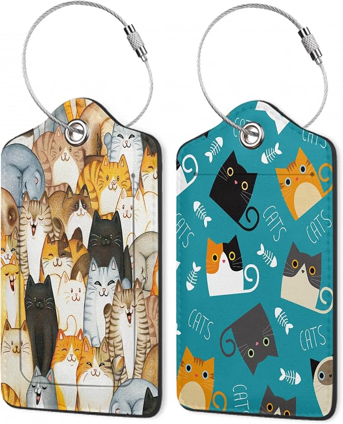 Cartoon Cats Luggage Tags, 2 Pack Luggage Tag, Leather Privacy Cover ID Label by Unknown