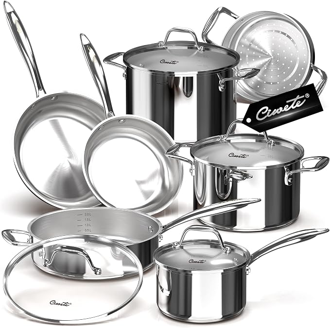 Tri-Ply Stainless Steel Pots and Pans Set 11-PC, 18/10 Stainless Steel by Ciwete