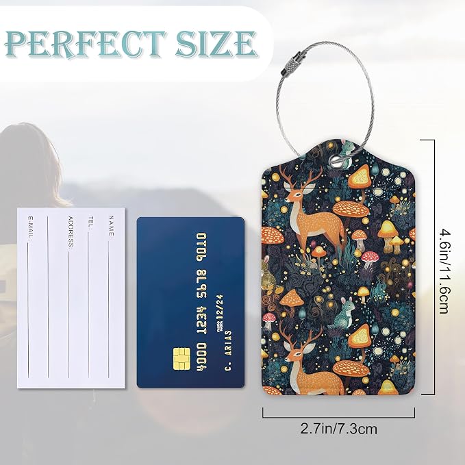 2 Pack Mushrooms Luggage Tag for Suitcases Deer Forest Animal PU Leather Bag - Image 3