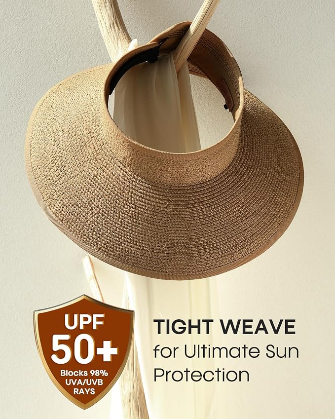Womens Sun Visor Hats Wide Brim Straw Beach Hat UV Protection Ponytail Packable - Image 4
