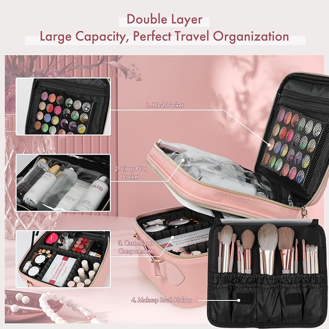 Travel Makeup Bag with LED Mirror Double Layer, Detachable Vanity Mirror with - Image 2