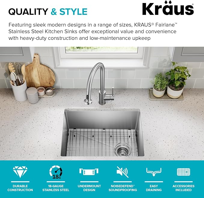 KRAUS Fairlane 25-inch Undermount Single Bowl 18-Gauge Stainless Steel Kitchen - Image 4