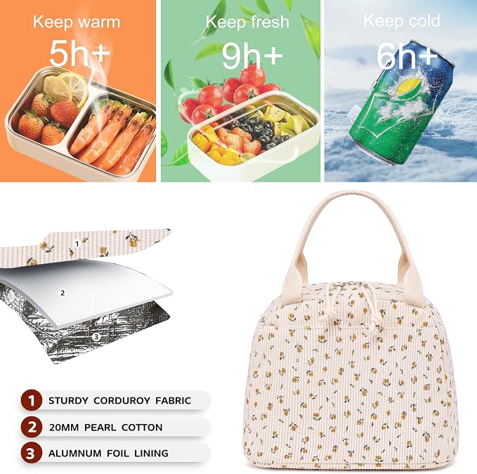 Bluboon Lunch Bag for Women Men Cute Corduroy Lunch Tote Bags Reusable - Image 2