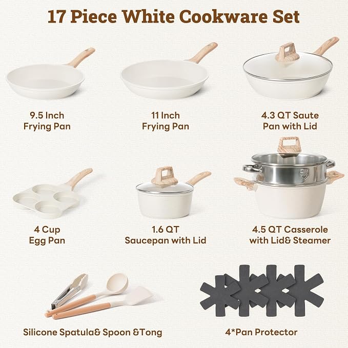 17 Pcs Pots and Pans Set Non stick，Cookware Sets White Granite Induction - Image 2