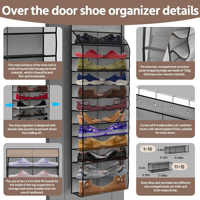 12 Pocket Over the Door Shoe Organizer, Reusable Breathable Large Mesh Bag - Image 2