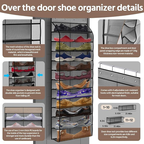 12 Pocket Over the Door Shoe Organizer, Reusable Breathable Large Mesh Bag - Image 2