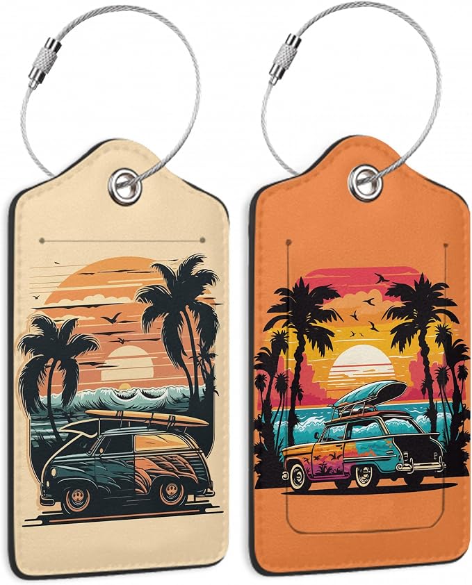 Car Palm Tree and Sunset On The Ocean 2 PCS Luggage Tags, Privacy Cover ID Label by DEMACYA
