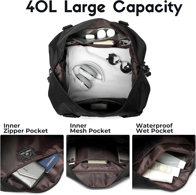 SUNNY BIRD Duffel with Utility Pouch, 40L Weekender Overnight Bag with Shoe - Image 6