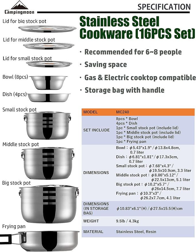 CAMPINGMOON Camping Cookware Set Stainless Steel Outdoor Nesting Cooking Mess - Image 2