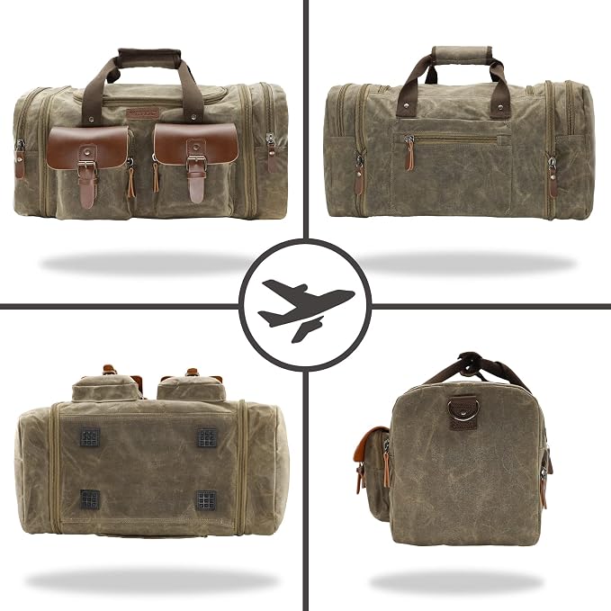 Wildroad Waxed Canvas Duffle Bag - 60L Waterproof Genuine Leather Weekender - Image 5