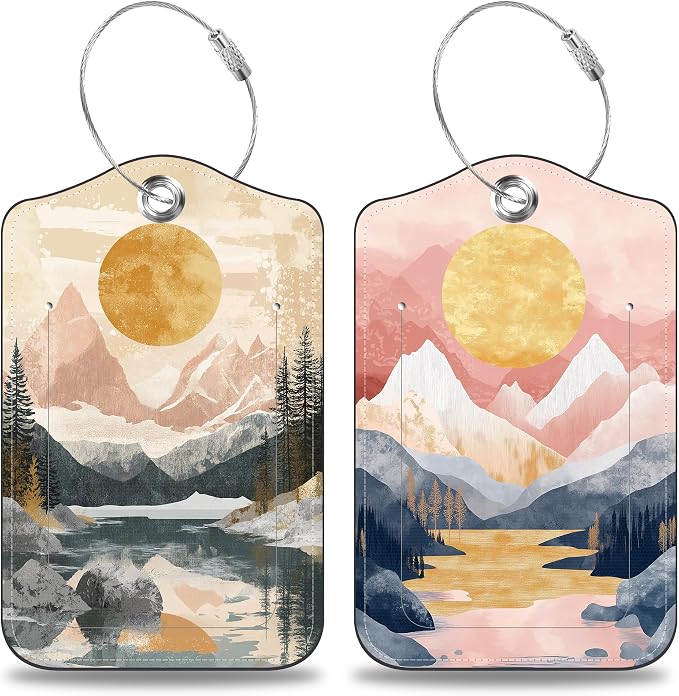 2 Pack Luggage Tags for Suitcases Abstract Pink Mountain Sun Landscape Leather by Unknown