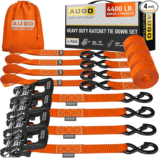 AUGO Heavy Duty Ratchet Straps & Soft Loops – Pack of 4 Extra Strong 1.5” by by AUGO