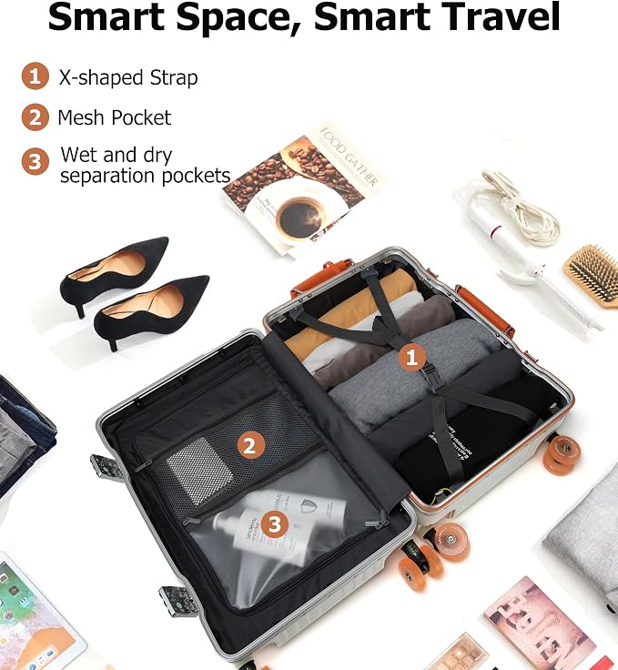 feilario 20" Aluminum Frame Wide Handle Hard Shell Carry On Suitcase - Image 5