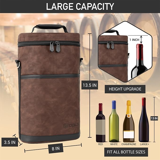 opux 2 Bottle Wine Carrier Tote, Insulated Leakproof Wine Cooler Bag, Wine - Image 3