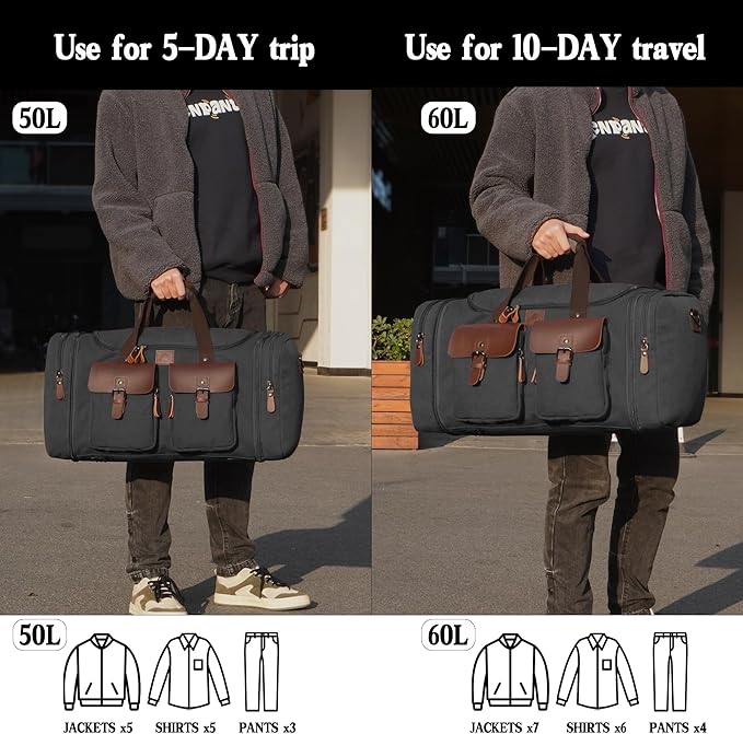 Canvas Duffle Bag for Men 50L Travel Duffel Bags Expandable Genuine Leather - Image 6