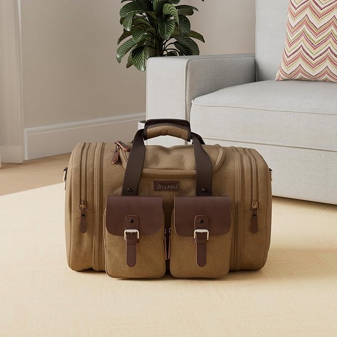 Wildroad 60L Travel Duffel Bag, Expandable Canvas Genuine Leather Duffle Bag - Image 2