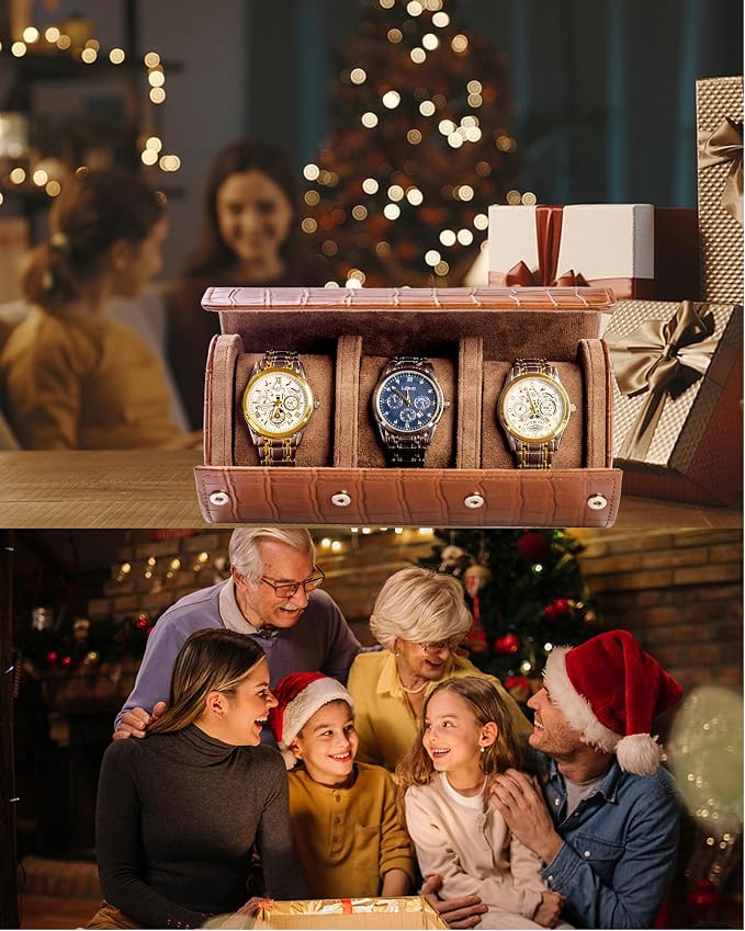 MR.OKAY 3 Watch Travel Case- Classic Leather Watch Case - Image 3