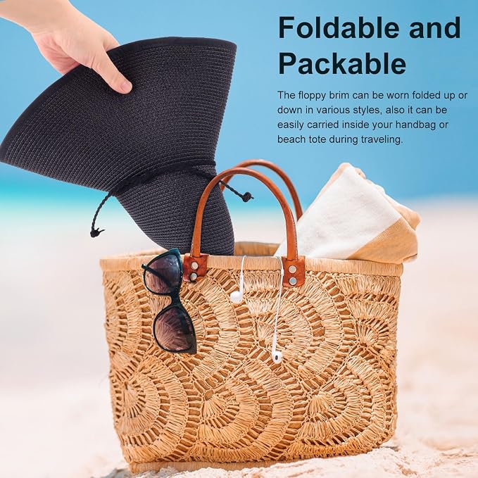 DRESHOW Beach Hats for Women Big Straw Wide Brim Summer Hat Floppy Foldable - Image 5