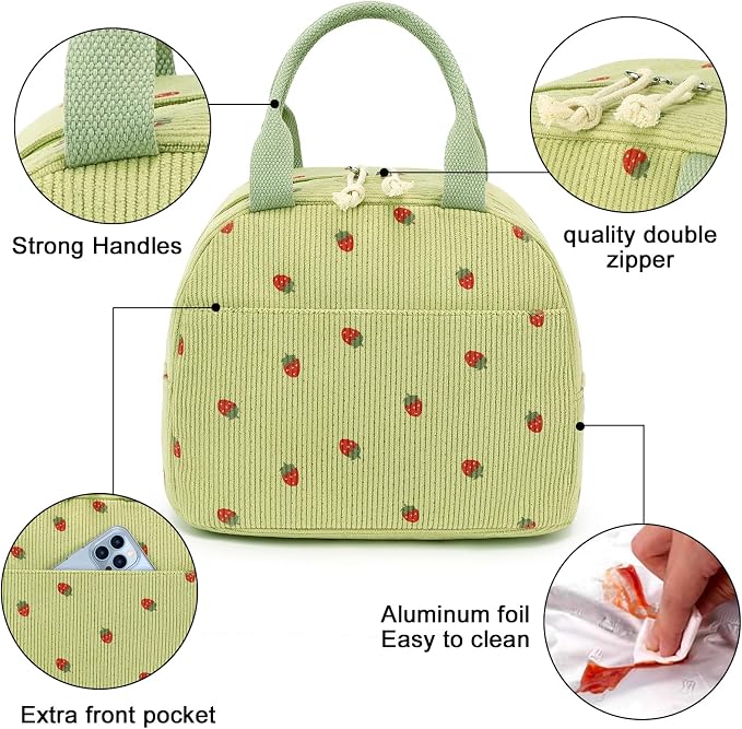 Bluboon Lunch Bag for Women Men Cute Corduroy Lunch Tote Bags Reusable - Image 4