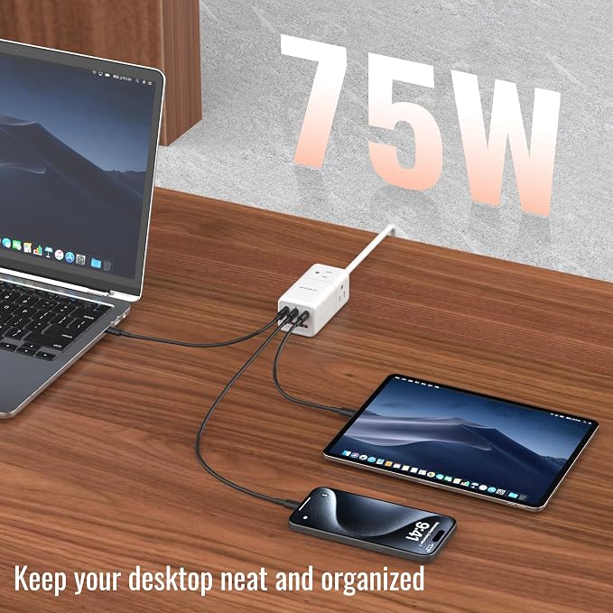 NENJI 75W GaN USB-C Super Fast Charging Station, 8-in-1 Power Strip - Image 6