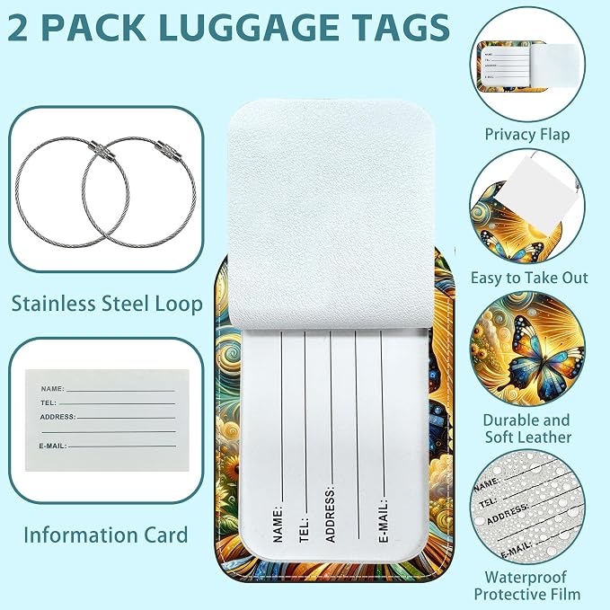2 Pack Cute Luggage Tag for Suitcases Colorful Butterfly Leather Luggage Tags - Image 2
