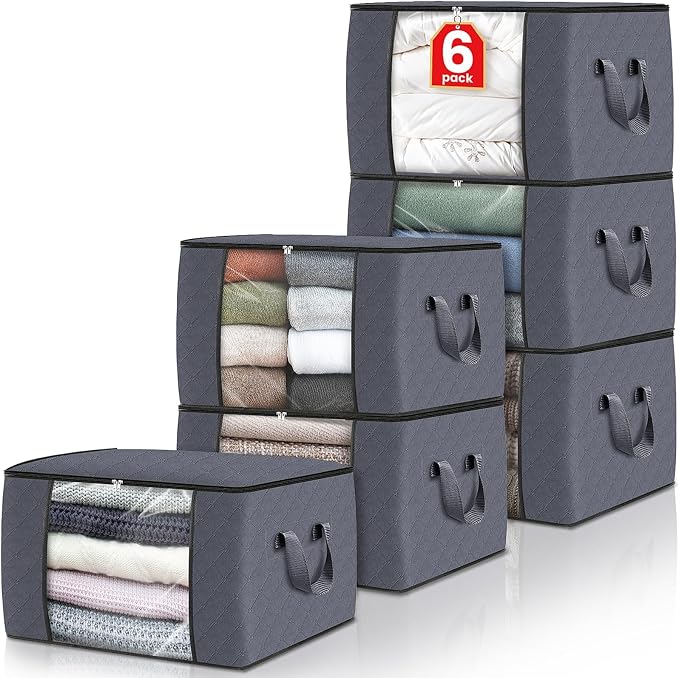 Fab totes 6 Pack Clothes Storage, Foldable Thick Fabric Blanket Storage Bags by Fabtotes
