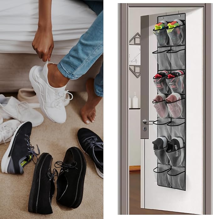 Over The Door Shoe Organizer, 14 Large Mesh Pockets Hanging Shoe Rack - Image 6