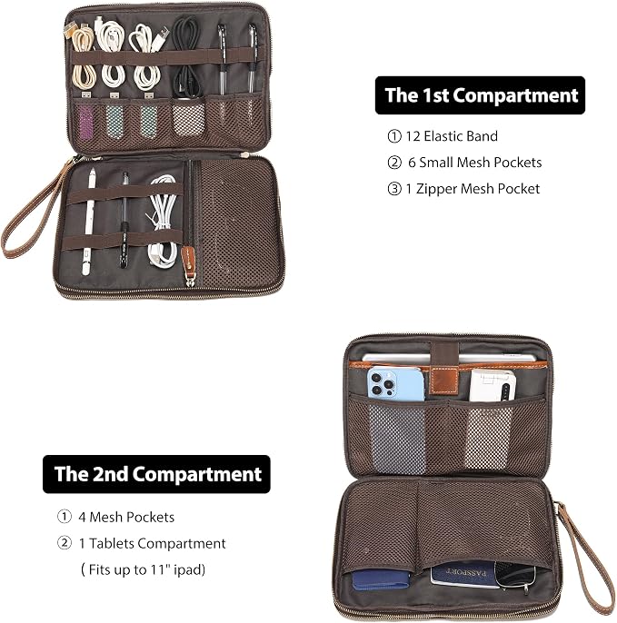 LANNSYNE Full Grain Leather Travel Cable Accessories Bag, Electronic Organizer - Image 4