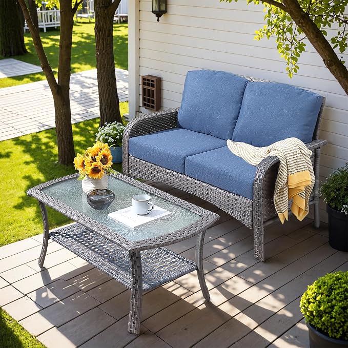HOOOWOOO Patio Furniture Set, Outdoor High Back Loveseat Set, All Weather by DesignforBetterLife