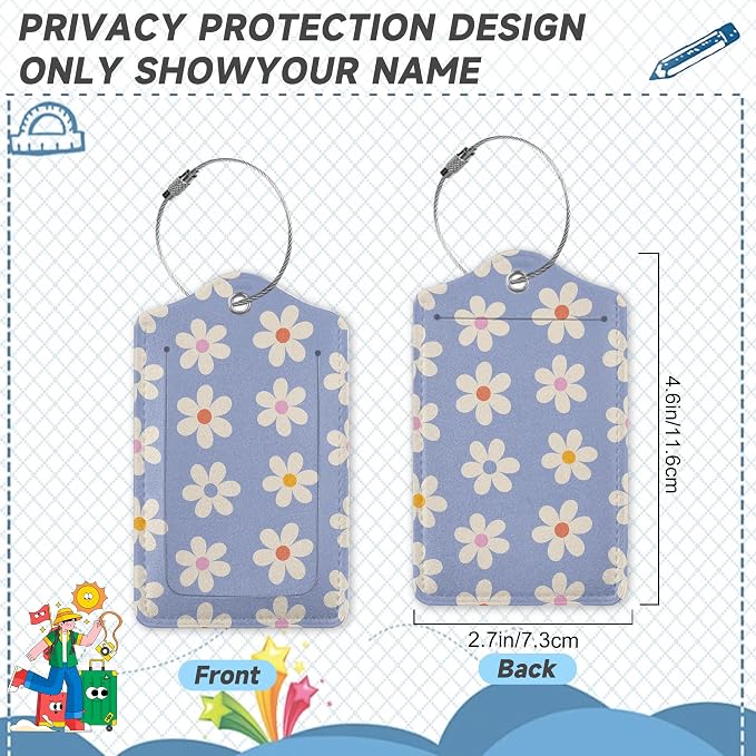 2 Pack Luggage Tag for Suitcase, Groovy Daisy Flowers Leather Bag Tags - Image 2