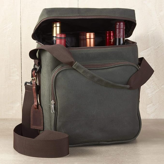 Wine Enthusiast 6-Bottle Waxed Canvas Wine Bag Tote Insulated Wine Carrier by WineEnthusiast