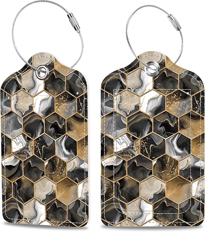 Gold Ink Hexagon Texture Luggage Tags 2PCS PU Leather Suitcases Tag by MSEAANBK